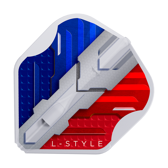 L-Style V-Series V1 Typ B Francja Przezroczysta biel L1EZ Loty Das Bild zeigt ein Dartflight mit den Farben der französischen Flagge in Blau, Weiß und Rot. Unten steht der Schriftzug "L-STYLE".