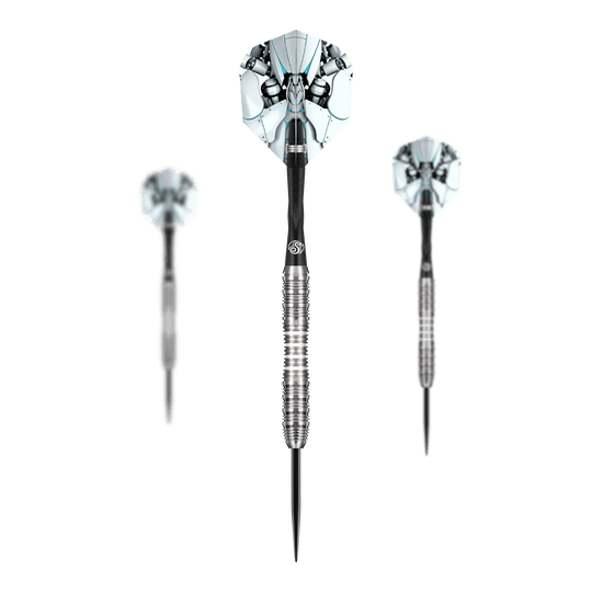 Das Bild zeigt ein Set der Shot AI Scorpula Steeldarts. Es handelt sich um professionelle Steeldarts für anspruchsvolle Spieler.