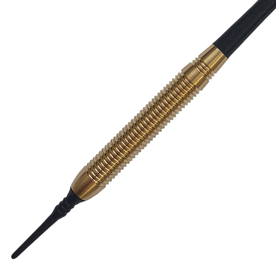 8010_Grey_One_Golden_Softdarts_2 Das Bild zeigt einen Softdartpfeil mit einem goldfarbenen, geriffelten Barrel. Es handelt sich um das Produkt "Grey One Golden Softdarts - 18g".