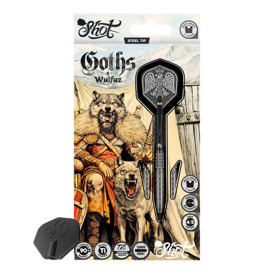 Lotki stalowe Shot Goths Wulfaz Turbo Point - 23g Das Bild zeigt die Shot Goths Wulfaz Turbo Point Steeldarts mit 23 Gramm. Diese Pfeile sind für das Steeldartspiel konzipiert.