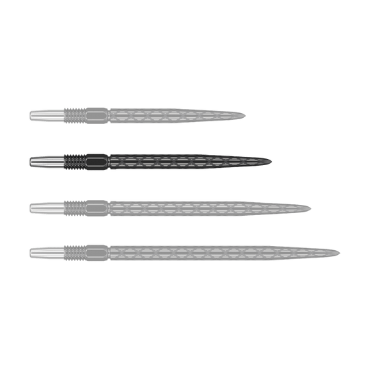 Końcówki do lotek Target Swiss Diamond Pro Black Points Das Bild zeigt vier schwarze Dartspitzen mit silbernem Gewinde, die nebeneinander liegen. Die Spitzen haben eine rautenförmige Struktur entlang des Schafts.