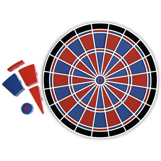 Das Bild zeigt eine Ersatzscheibe für Karella Premium Silver. Zu sehen sind die runde Dartscheibe und einige Ersatzsegmente in Rot und Blau.