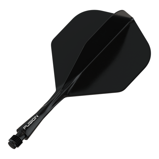 System wałów lotniczych Winmau Fusion Standard Black Das Bild zeigt ein schwarzes Dart-Flightsystem mit einem Schaft. Auf dem Schaft steht das Wort "FUSION".