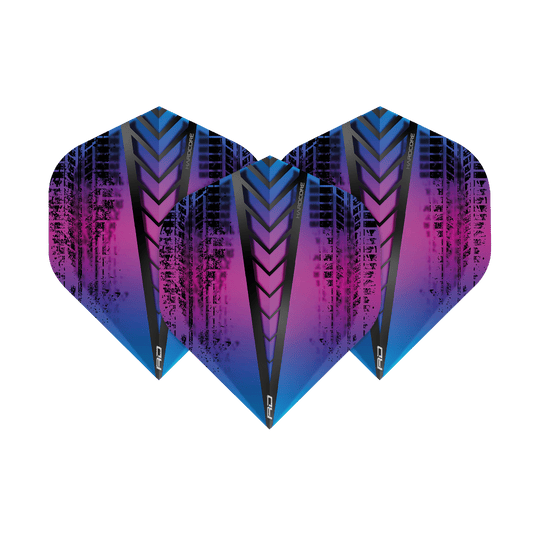 TF6334_Red_Dragon_Hardcore_Standard_Flights_6334_1CeNoQagu39Mm9 Das Bild zeigt drei Dartflights des Produkts "Red Dragon Hardcore Standard Flights 6334". Die Flights haben ein auffälliges Design in Blau, Lila und Schwarz mit grafischen Mustern.