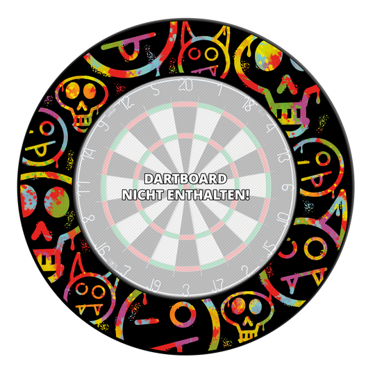 Abgebildet ist ein Dartboard Surround mit bunten Smiley-Graffiti. Diese Umrandung dient dem Schutz beim Darts-Spielen.