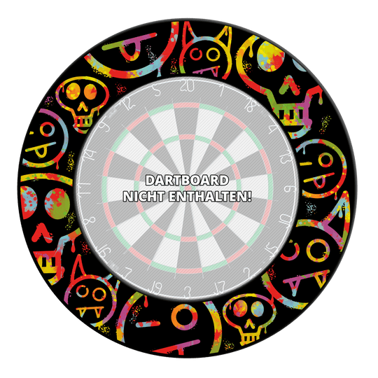 Tarcza do darta McDart Graffiti Emojis Abgebildet ist ein Dartboard Surround mit bunten Smiley-Graffiti. Diese Umrandung dient dem Schutz beim Darts-Spielen.