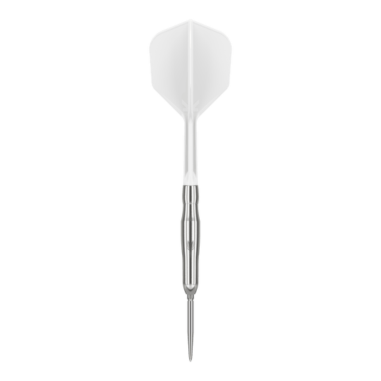 Das Bild zeigt einen Target Japan Crux Brave Swiss Point Steeldart mit einem Gewicht von 21g. Der Dart hat einen silbernen Schaft und eine weiße Flugfeder.