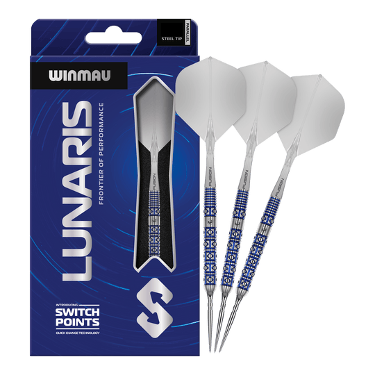 Winmau Lunaris Parallel Switch Point Steeldarts Zu sehen sind die Winmau Lunaris Parallel Switch Point Steeldarts in voller Länge. Das Produkt wird frontal gezeigt.