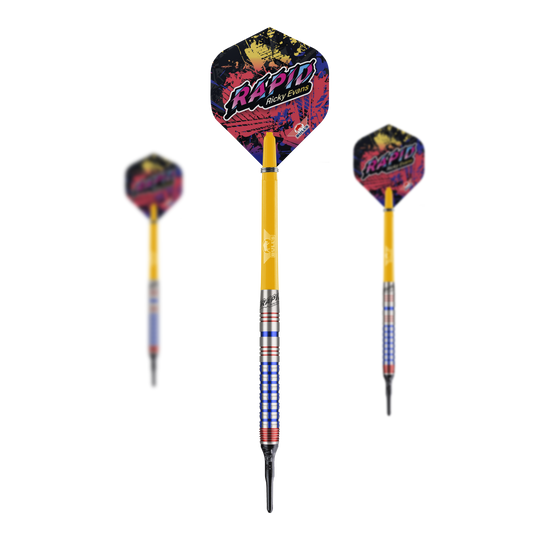 Miękkie rzutki Bulls NL Ricky Evans Rapid Edition One - 20g Das Bild zeigt drei Softdarts der Marke "Bulls NL Ricky Evans Rapid Edition One" mit einem Gewicht von 20g. Die Darts sind gelb mit farbigen Flights, auf denen "Rapid Ricky Evans" steht.