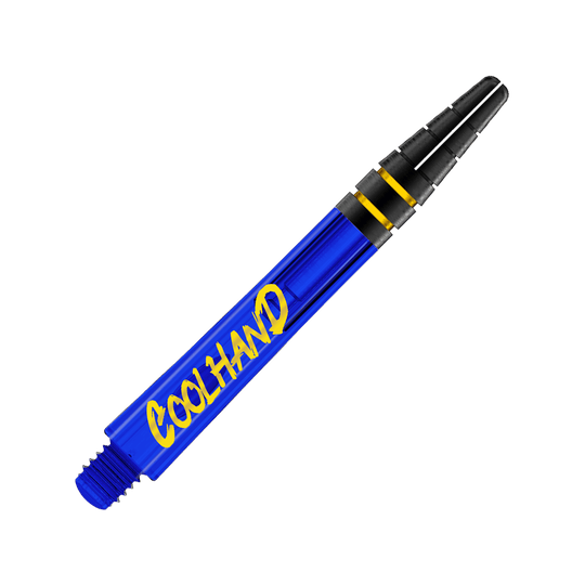 Red Dragon Nitrotech Luke Humphries Coolhand Shafts - Niebieski Dies ist ein blauer Dart-Schaft mit der gelben Aufschrift "COOLHAND". Am oberen Ende befinden sich zwei schwarze Ringe mit goldenen Akzenten.