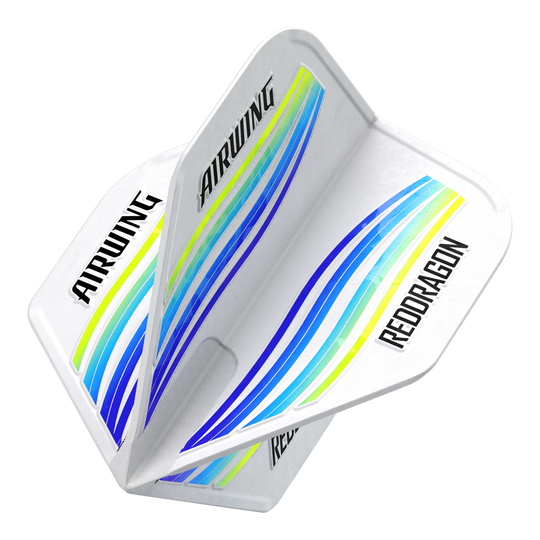 Standardowe loty Red Dragon Airwing Blue Wave Das Bild zeigt die Red Dragon Airwing Blue Wave Standard Flights. Die Flights sind weiß mit blauen, gelben und grünen Wellenlinien und haben die Aufschriften "AIRWING" und "RED DRAGON".