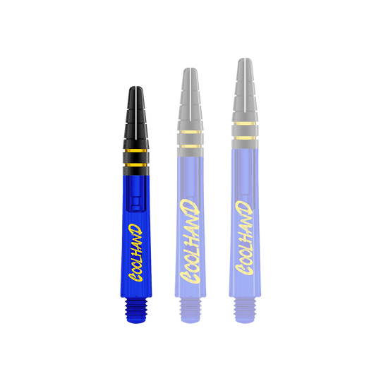 Red Dragon Nitrotech Luke Humphries Coolhand Shafts - Niebieski Auf dem Bild sind drei blaue Dartschäfte mit gelbem Schriftzug "COOLHAND" zu sehen. Oben haben sie schwarze Rillen mit goldenen Ringen.