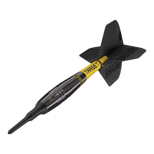 Lotki Target Scott Williams Shaggy Black Soft Darts - 20g Das Bild zeigt einen schwarzen Softdart mit gelbem Schriftzug „TARGET“ und der Aufschrift „SHAGGY“ auf der Flight. Es handelt sich um das Produkt „Target Scott Williams Shaggy Black Softdarts – 20g“.
