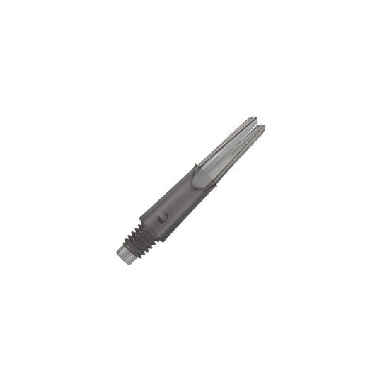 Wałki L-L-Style-Shafts blokowane proste - przezroczysta czerń Das Bild zeigt einen klaren, schwarzen Dart-Schaft in gerader Form. Er hat ein Schraubgewinde am unteren Ende und ist ohne Kappen abgebildet.