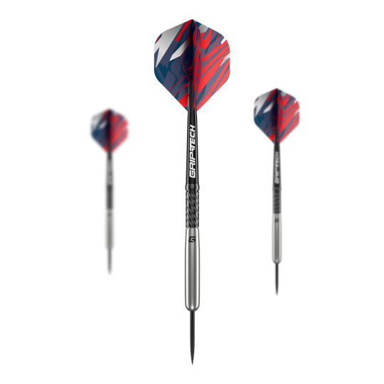 Lotki baseballowe GOAT Homerun ze stali wolframowej Das Bild zeigt drei GOAT Homerun Baseball Tungsten Steeldarts mit silbernem Schaft und bunten, rot-blauen Flights. Die Darts sind modern gestaltet und heben sich durch das auffällige Design ab.