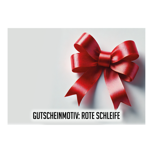 Voucher - Czerwona wstążka Das Bild zeigt eine große, glänzende rote Schleife auf einem hellen Hintergrund. Unten steht der Text: "GUTSCHEINMOTIV: ROTE SCHLEIFE".