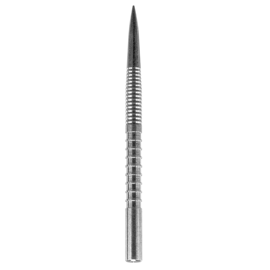 RVB-FIREPOINT-SILVER-32MM-100002 Das Bild zeigt eine silberne Steeldartspitze mit Rillen für besseren Halt. Sie ist spitz zulaufend und für das Dartspiel geeignet.