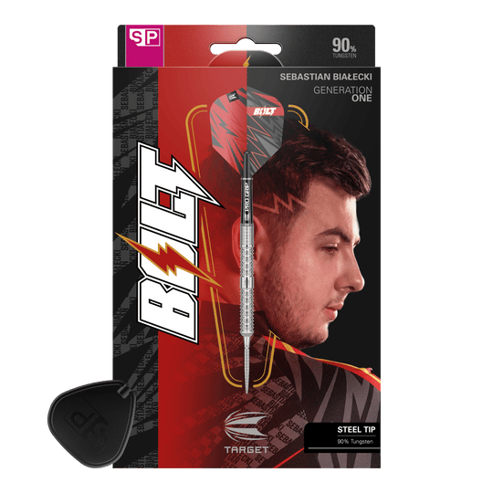 Target Sebastian Białecki GEN1 Swiss Point Steeldarts - 22g Das Bild zeigt die Verpackung der "Target Sebastian Bialecki GEN1 Swiss Point Steeldarts - 22g". Auf der Verpackung ist ein Dartpfeil sowie das Porträt eines Mannes zu sehen.