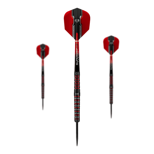 Rzutki Harrows Tungsten Infinity 97% ze stali wolframowej Das Bild zeigt drei Harrows Wolfram Infinity 97% Tungsten Steeldarts mit roten und schwarzen Details. Die Darts haben einen metallisch gestreiften Griff und rote Flights.