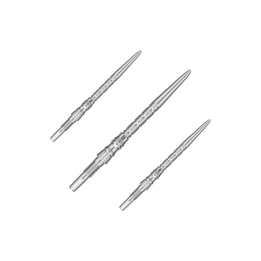 Stalowe groty do lotek Target Signature Swiss Point TRB - srebrne Mehrere silberne Dartspitzen sind nebeneinander zu sehen. Es handelt sich um ein Set der 'Target SwissPoint Signature TRB' Dartspitzen mit 30 mm Länge.
