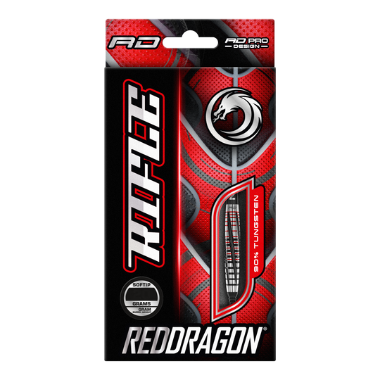 Miękkie lotki Red Dragon Rifle - 20g Die Abbildung zeigt die Verpackung der "Red Dragon Rifle Softdarts - 20g". Das Design ist auffällig in Rot und Schwarz gehalten und zeigt eine Abbildung eines Dartpfeils.