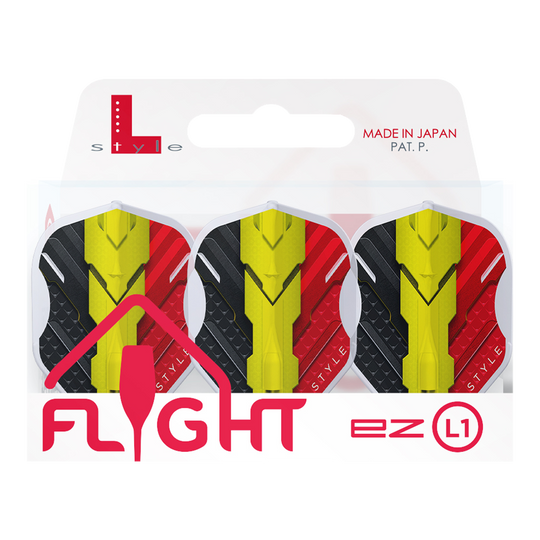 L-Style V-Series V1 Typ C Belgia Przezroczysta biel L1EZ Loty Das Bild zeigt eine Packung mit drei L-Style V-Series V1 Type C Belgium Clear White L1EZ Flights. Die Flights sind in den Farben Schwarz, Gelb und Rot gestaltet und werden in einer Verpackung mit der Aufschrift "Made in Japan" präsentiert.