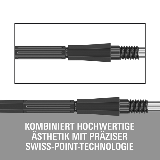 Groty do lotek Target Elysian Archetype 43 Swiss Point Steel – czarne Das Bild zeigt die Target Elysian Archetype 43 Swiss Point Steeldartspitzen in Schwarz. Die Spitzen sind speziell für Dartspieler entworfen.