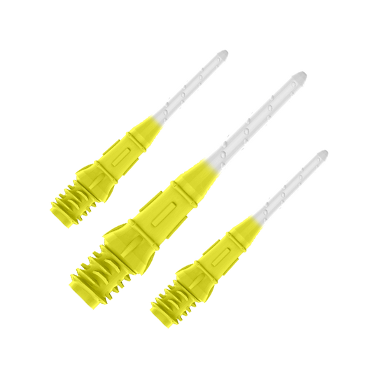 Dwukolorowe pomadki w stylu L Premium (opakowanie 30 sztuk) Auf dem Bild sind drei gelb-weiße Dartspitzen zu sehen. Sie sind nebeneinander angeordnet und wirken modern sowie hochwertig verarbeitet.