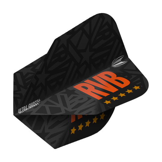 TG62_334020_Target_Ultra-Ghost_RvB_GEN2_Ten-X_Flights_2 Das Bild zeigt ein schwarzes Dartflight mit einem Muster und dem großen orangefarbenen Schriftzug "RVB". Darunter befinden sich sechs gelbe Sterne und die Aufschrift "ULTRA GHOST+" in Weiß.