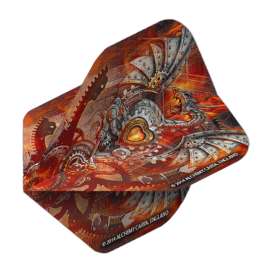 Das Bild zeigt ein Dart-Flight mit einem detailreichen, mechanischen Drachenmotiv in Rot- und Metalltönen. Auf dem Flight steht "2014 ALCHEMY CARTA, ENGLAND" geschrieben.