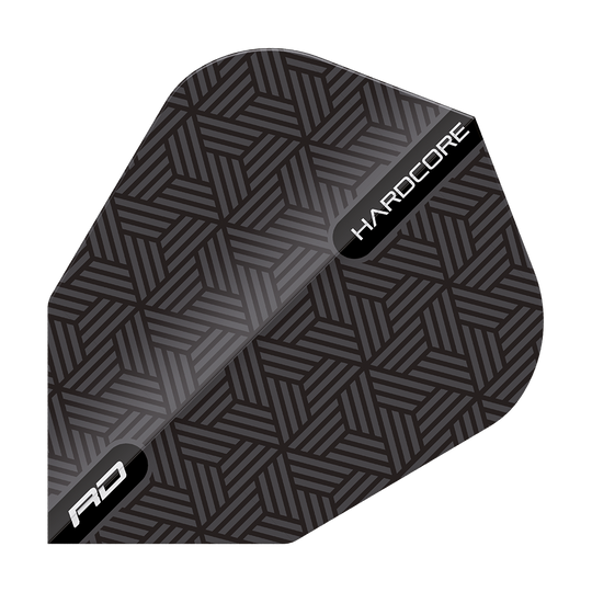 TF6849_Red_Dragon_Black_V-Standard_Flights_1naUzYtYFrwWNN Das Bild zeigt das Produkt "Red Dragon Black V-Standard Flights". Das Flight ist schwarz mit einem geometrischen Muster und trägt die Aufschrift "HARDCORE" und "RD".