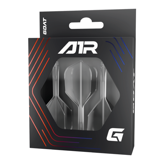 System wału lotniczego GOAT A1R No6 - przezroczysty Die Abbildung zeigt das Produkt "GOAT A1R No6 Flight-Shaft-System - Clear" in einer schwarzen Verpackung mit Sichtfenster. In der Packung sind drei klare Flight-Shaft-Systeme für Dartpfeile zu sehen.