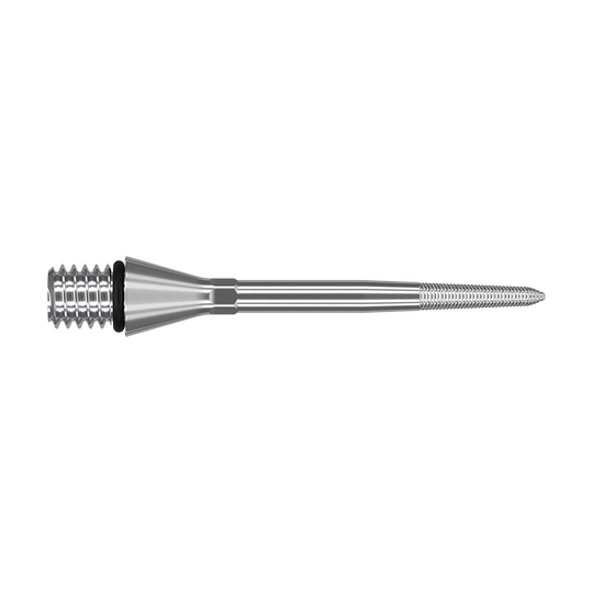 380169_Target_Titanium_Swiss_Point_Nano_Conversion_Points_Silber_30mm_2 Das Bild zeigt eine silberne, metallische Dartspitze mit Gewinde. Die Spitze ist schlank und hat eine glatte, glänzende Oberfläche.