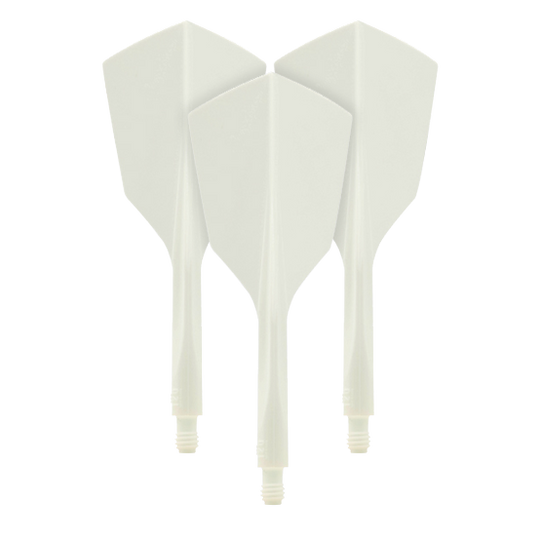 Auf dem Bild sind drei weiße Dartflights aus dem Set "Condor Axe 120 Flight-System White - Narrow" zu sehen. Die Flights haben eine schmale Form und sind miteinander verbunden.