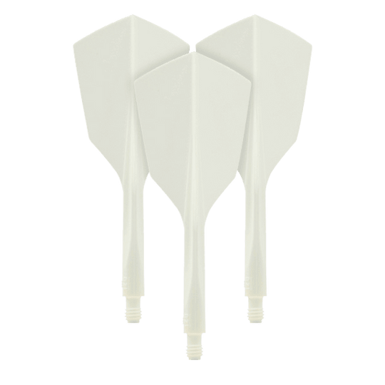 System lotu Condor AX 120 biały - wąski Auf dem Bild sind drei weiße Dartflights aus dem Set "Condor Axe 120 Flight-System White - Narrow" zu sehen. Die Flights haben eine schmale Form und sind miteinander verbunden.