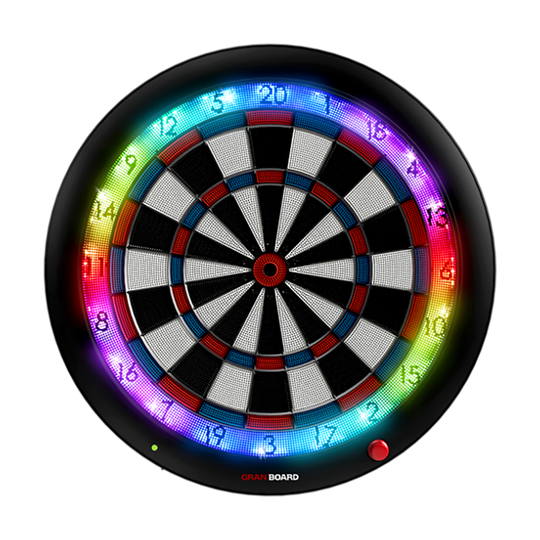 Das Bild zeigt das elektronische Dartboard „GranBoard 3S LED“ mit einem leuchtenden LED-Ring. Die Zahlen und Segmente sind deutlich sichtbar und farbenfroh beleuchtet.