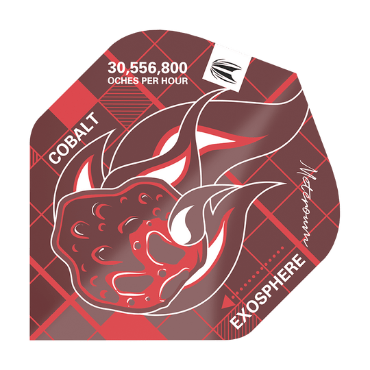 TG24_336090_Target_Blueprint_Pro_Red_No2_Standard_Flights_1 Das Bild zeigt ein rotes Dart-Flight mit einer brennenden Meteor-Grafik. Auf dem Flight stehen die Wörter "COBALT", "EXOSPHERE" sowie "30,556,800 OCHES PER HOUR".