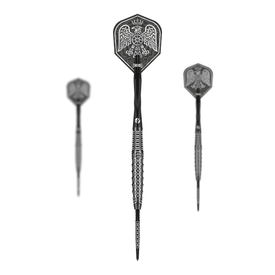 Lotki stalowe Shot Goths Wulfaz Turbo Point - 23g Das Bild zeigt das Shot Goths Wulfaz Turbo Point Steeldarts - 23g Set. Alle Teile des Dart Sets sind deutlich zu erkennen.