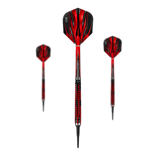 Miękkie rzutki Harrows Fire Inferno Das Bild zeigt drei Harrows Fire Inferno Softdarts mit auffälligem rot-schwarzem Design. Die Darts haben spitze Kunststoffspitzen und strukturierte Griffe.
