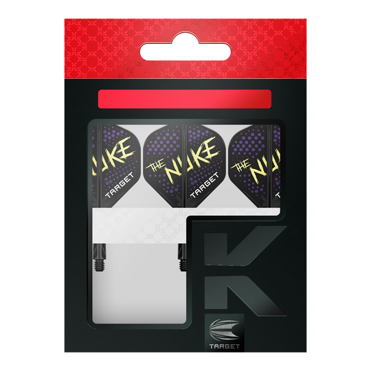Target K-Flex Luke Littler Black No2 Standard Flight System Auf dem Bild ist eine Packung mit Dartflights der Marke Target zu sehen. Die Flights sind schwarz mit lilafarbenen Punkten und dem gelben Schriftzug "The Nuke".