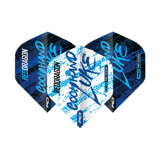 Czerwony Smok Luke Humphries Mistrz Świata Niebieski Biały Yin Yang Standardowe Loty Das Bild zeigt drei Dart-Flights mit dem Design "Red Dragon Luke Humphries World Champion Blue White Yin Yang". Die Flights sind in Blau, Weiß und Schwarz gehalten und tragen die Aufschrift "Cool Hand Luke".