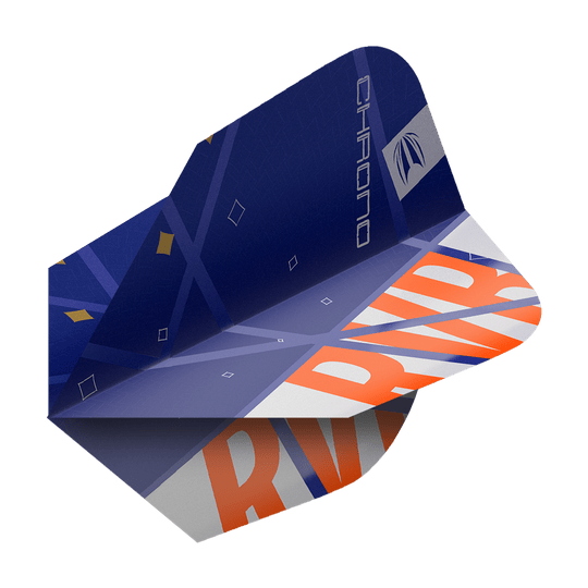 Target Pro Ultra Raymond Van Barneveld Chrono Ten-X Standard Flights - 3 zestawy Das Bild zeigt ein Dart-Flight aus der Serie "Target Pro Ultra Raymond Van Barneveld Chrono Ten-X Standard". Das Flight ist hauptsächlich blau mit orangefarbenen und weißen Akzenten sowie dem Schriftzug "RV" und "CHRONO".