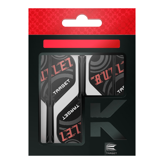 System wałów lotniczych Target K-Flex Stephen Bunting No2 Standard Die Abbildung zeigt eine Verpackung der "Target K-Flex Stephen Bunting No2 Standard Flights". Die Flights sind schwarz, weiß und rot gestaltet und tragen die Aufschrift "THE BULLET" sowie "TARGET".