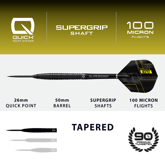 Das Bild zeigt die Harrows NX90 Black Edition Tapered Quick Point Steeldarts. Diese Steeldarts zeichnen sich durch ihr modernes schwarzes Design aus.