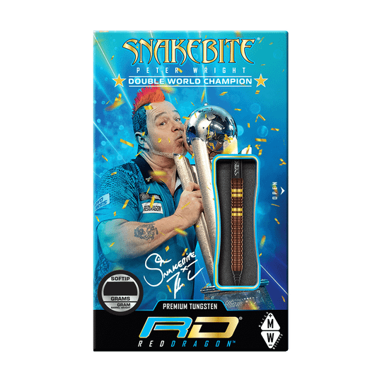 RD2570_Red_Dragon_Peter_Wright_Copper_Fusion_Softdarts_3 Die Verpackung zeigt die Red Dragon Peter Wright Copper Fusion Softdarts mit 20 Gramm Gewicht. Auf der Vorderseite ist ein Bild von Peter Wright mit Pokalen und der Aufschrift "Double World Champion" zu sehen.