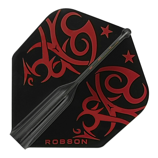 Das Bild zeigt ein schwarzes Dart-Flight mit roten, tribalartigen Mustern und Sternen. Am unteren Rand steht das Wort "ROBSON" in roten Buchstaben.