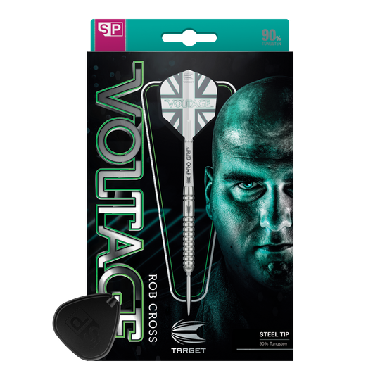 Lotki stalowe Target Rob Cross Voltage Swiss Point Das Bild zeigt die Verpackung der "Target Rob Cross Voltage Swiss Point Steeldarts". Auf der Verpackung sind ein Dartpfeil und das Gesicht eines Mannes prominent abgebildet.