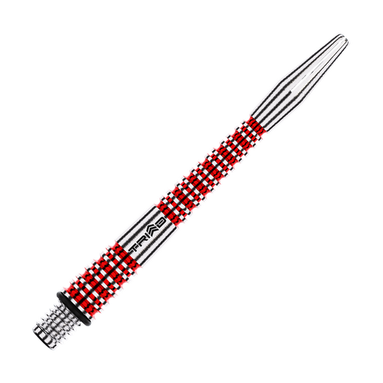 Winmau Triad RX Aluminium Shafts - Rot Das Bild zeigt einen rot-silbernen Aluminium-Dartschafte mit dem Schriftzug "TRIAD". Die Oberfläche ist strukturiert und bietet einen guten Halt.