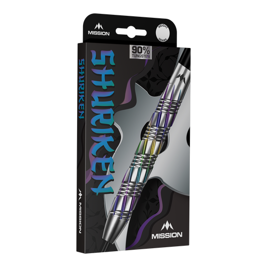Auf dem Bild sind Mission Shuriken Steeldarts zu sehen. Das Foto zeigt die Steeldarts aus einer anderen Perspektive.