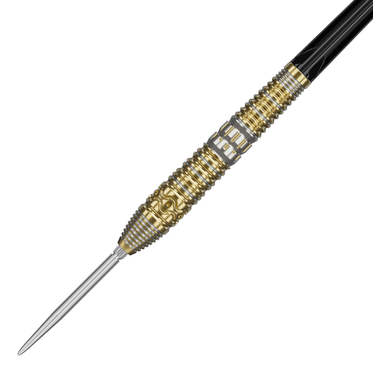 Stalowe lotki Target Japan Hot Shot GEN2 - 23 g Das Bild zeigt einen Target Japan Hot Shot GEN2 Steeldart mit einem Gewicht von 23g. Der Steeldart hat ein auffälliges Design mit goldenen und silbernen Rillen und Mustern am Barrel.
